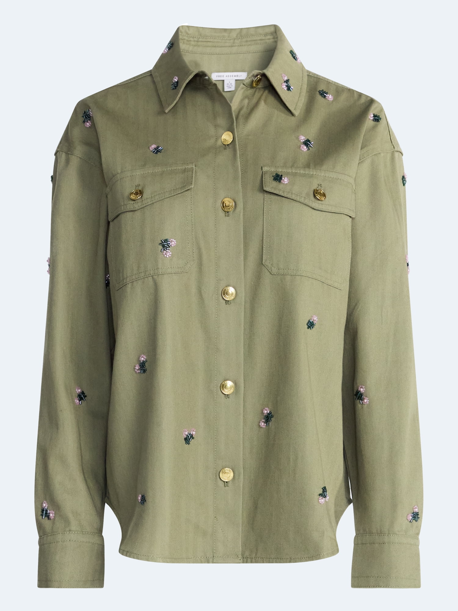 Free Assembly Women's Embellished Cotton Utility Shirt With Long Sleeves, Sizes XS-XXL