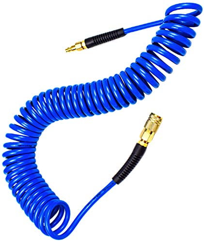 YOTOO Polyurethane Recoil Air Hose 1/4'x25' Flexible with Bend Restrictor, Quick Coupler and Plug, Blue
