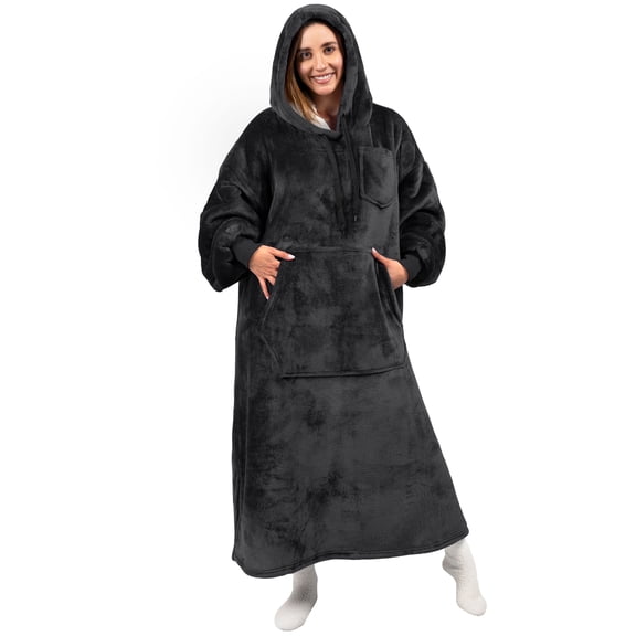 PAVILIA Blanket Hoodie for Women Black, Sherpa Wearable Blanket Men, Cozy Oversized Sweatshirt Blanket, Warm Fleece Hooded Blanket Sweater with Sleeves and Giant Pocket, Adult Long, Black