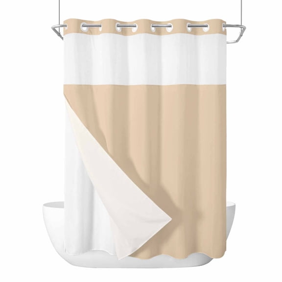 No Hook Khaki Solid Color Shower Curtain with Snap in Liner Set, Aesthetics Contemporary Luxury Waterproof Fabric Bathroom Curtains with See Through Top Window, Hotel Style Extra Long 72 x 96 Inch