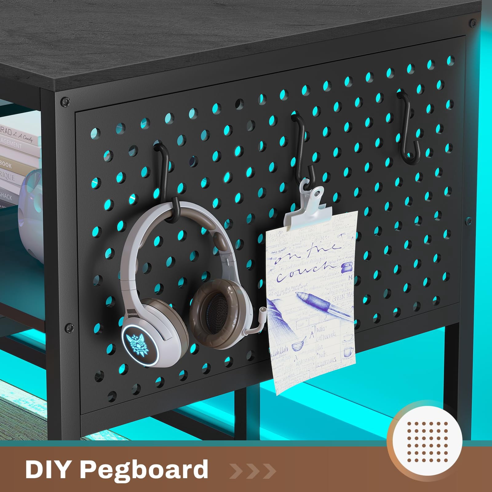 L-Shaped Office Desk with Charging Station & LED Lights, Reversible Gaming Computer Desk with Keyboard Tray & Monitor Stand, Dark Gray