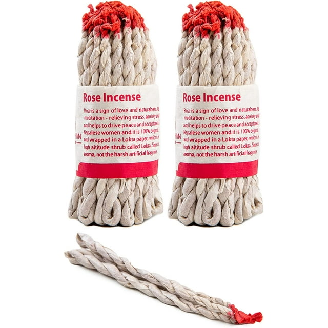 Tibetan 100% Organic Handmade Natural Rope Incense Himalayan Handrolled Lokta Paper Wrapped - Made in Nepal - 2 Bundle (90 pcs) - Rose