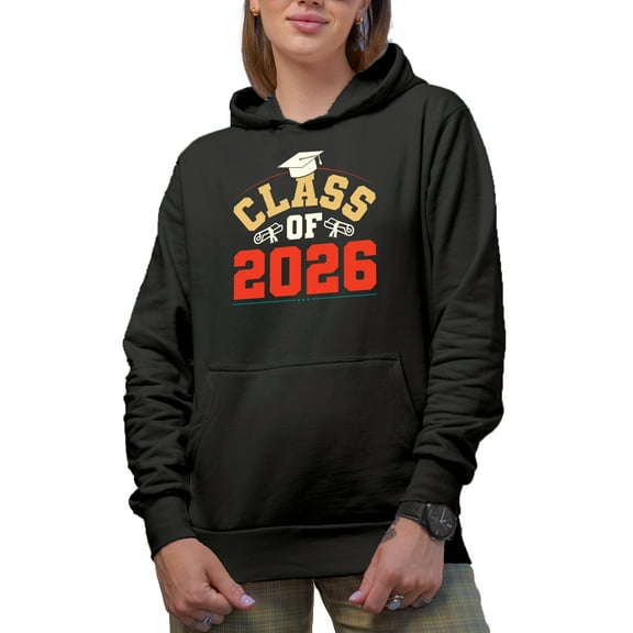 Class of 2026 - School Graduation with Graduate Cap, Black Hooded Sweatshirt or Hoodie, Small