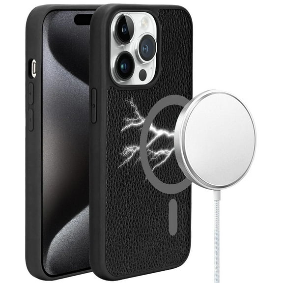 Designed for Apple iPhone 15 Pro (6.1") Vintage PU Leather [Magnetic Circle] Compatible with MagSafe Soft TPU Bumper Hard PC Hybird Phone Case Cover [Black]