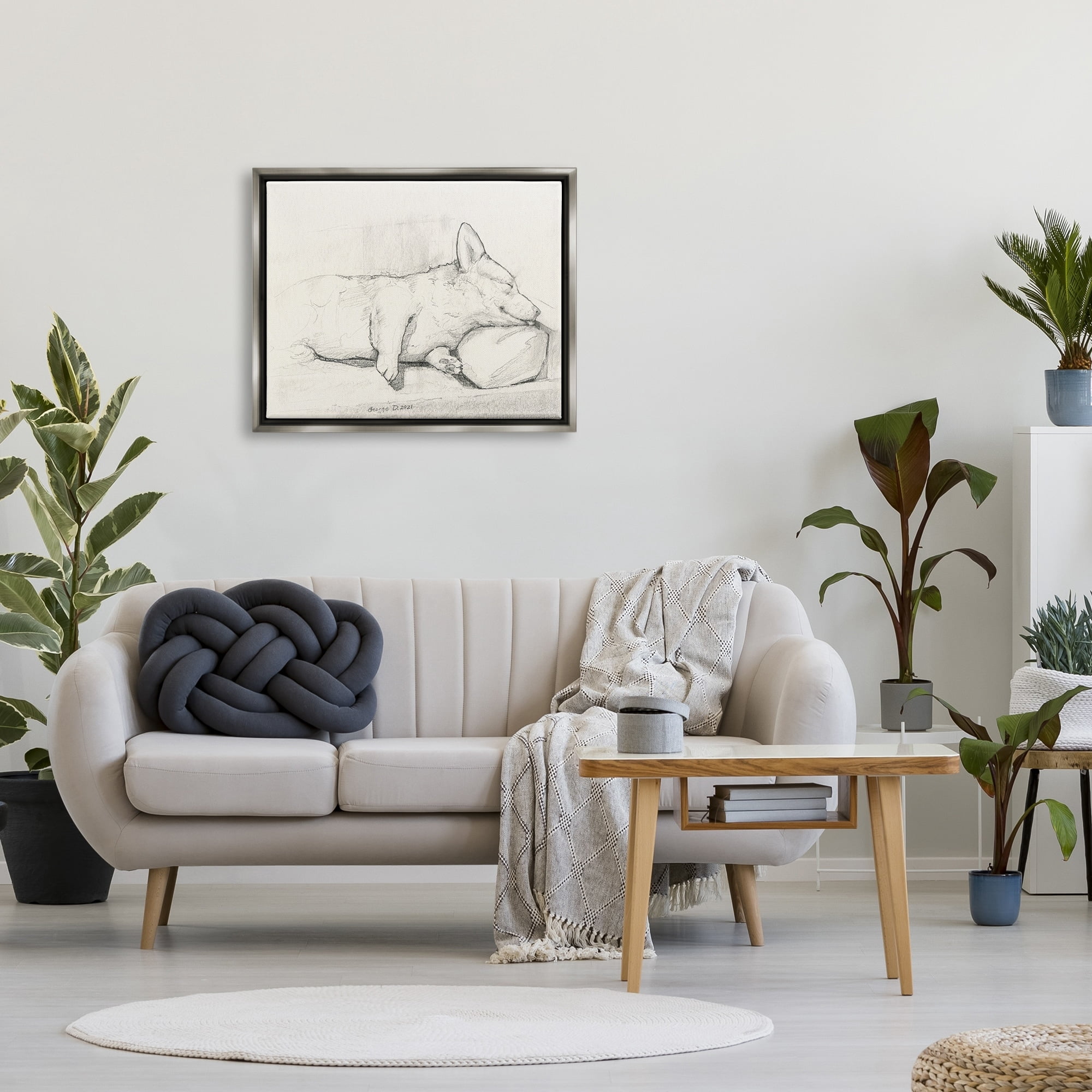 Stupell Industries Corgi Dog Lolling Tongue Graphite Pencil Sketch Drawing Print Luster Gray Floating Framed Canvas Print Wall Art, Design by George Dyachenko