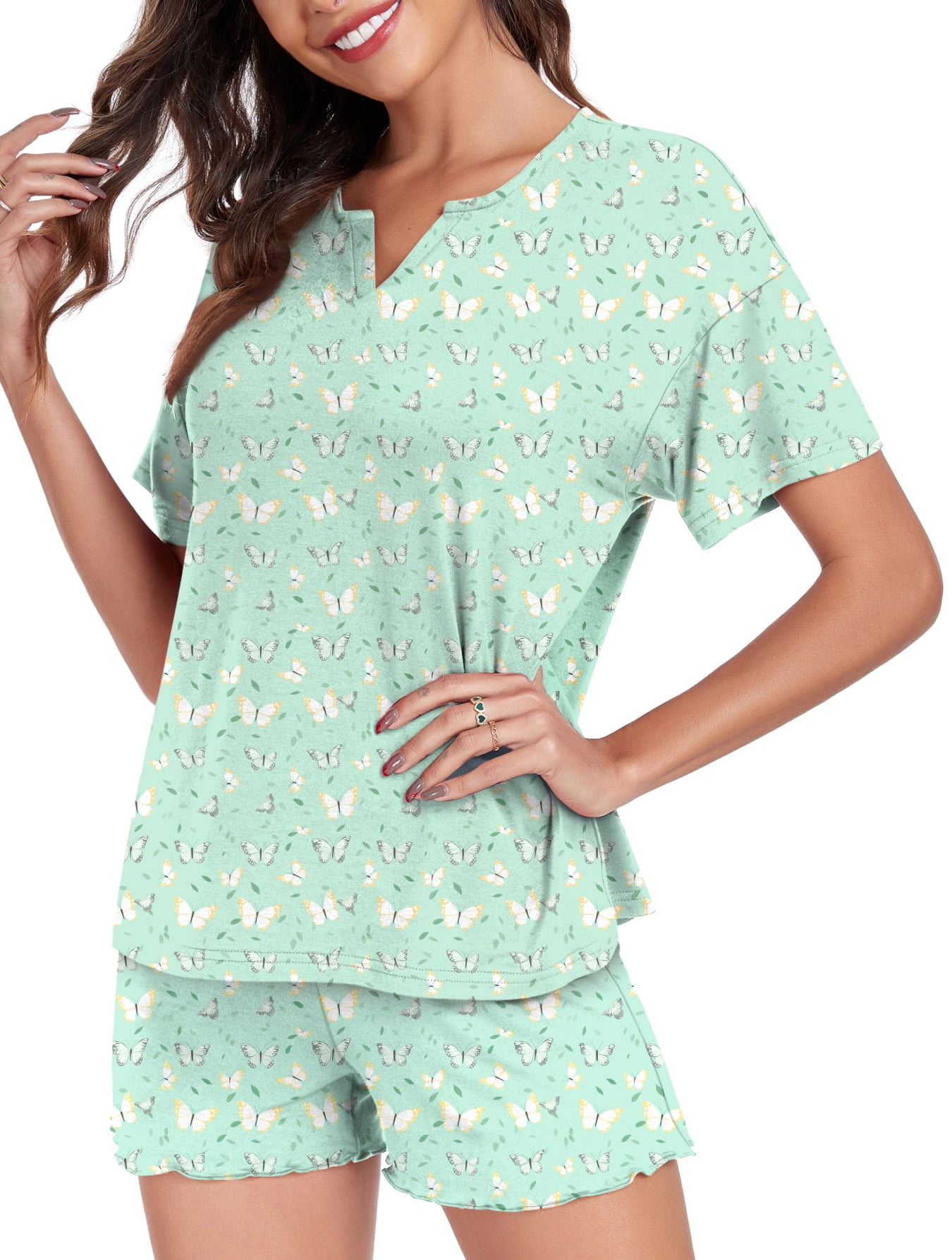 Pajama Shorts Set For Women Womens Short Sleeve Piece Pajama Set