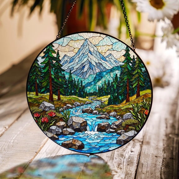 Mountain Forest Stream Landscape Glass Suncatcher, for Mom, Christmas, 7.9 in