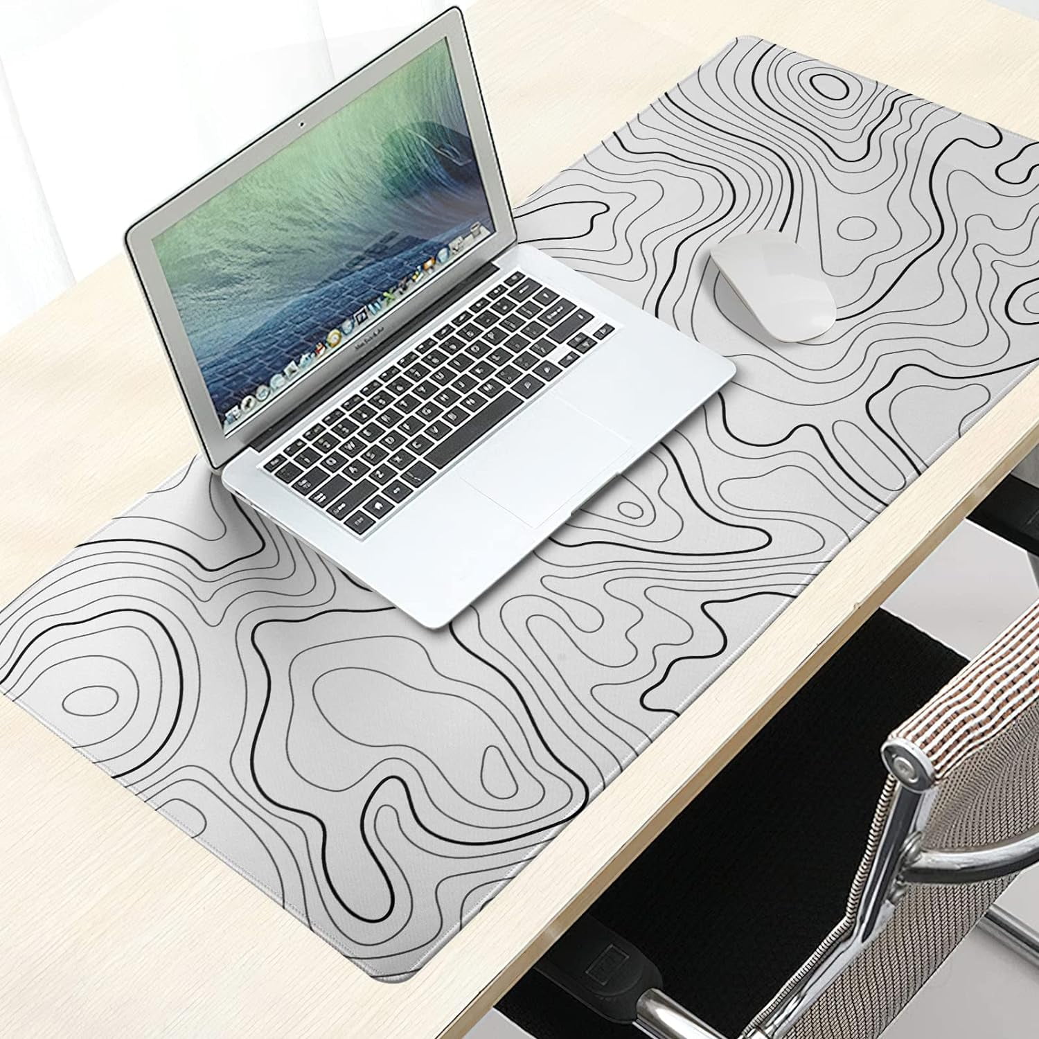 White Topographic Contour Gaming Mouse Pad 35.4 X 15.7 Inch XXL Geographic Map Lines Full Des Mousepad Extended Large Non-Slip Rubber Base Keyboard Mat with Stitched Edges for Home Office