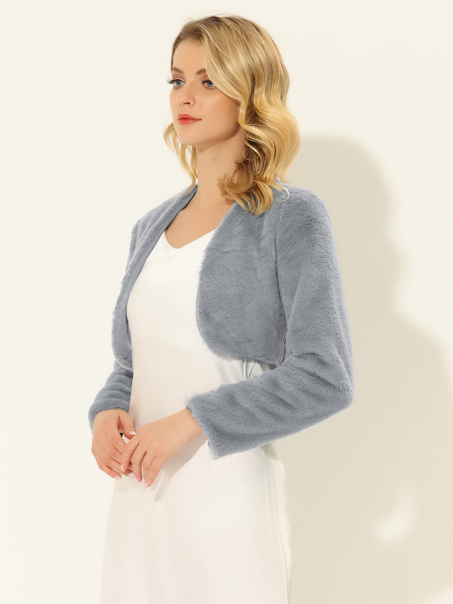 DARING DIVA Women's Cropped Open Front Faux Fur Short Shrug Jacket XL Gray