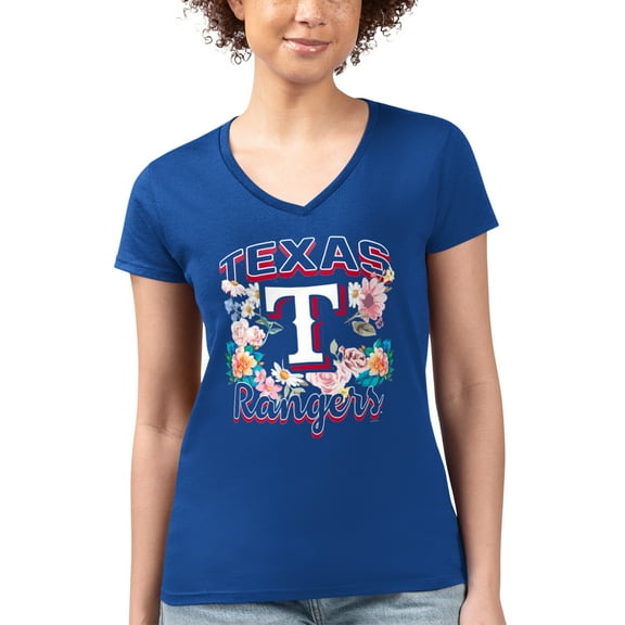 Women's G-III 4Her by Carl Banks Royal Texas Rangers Flowers Graphic Fitted V-Neck T-Shirt