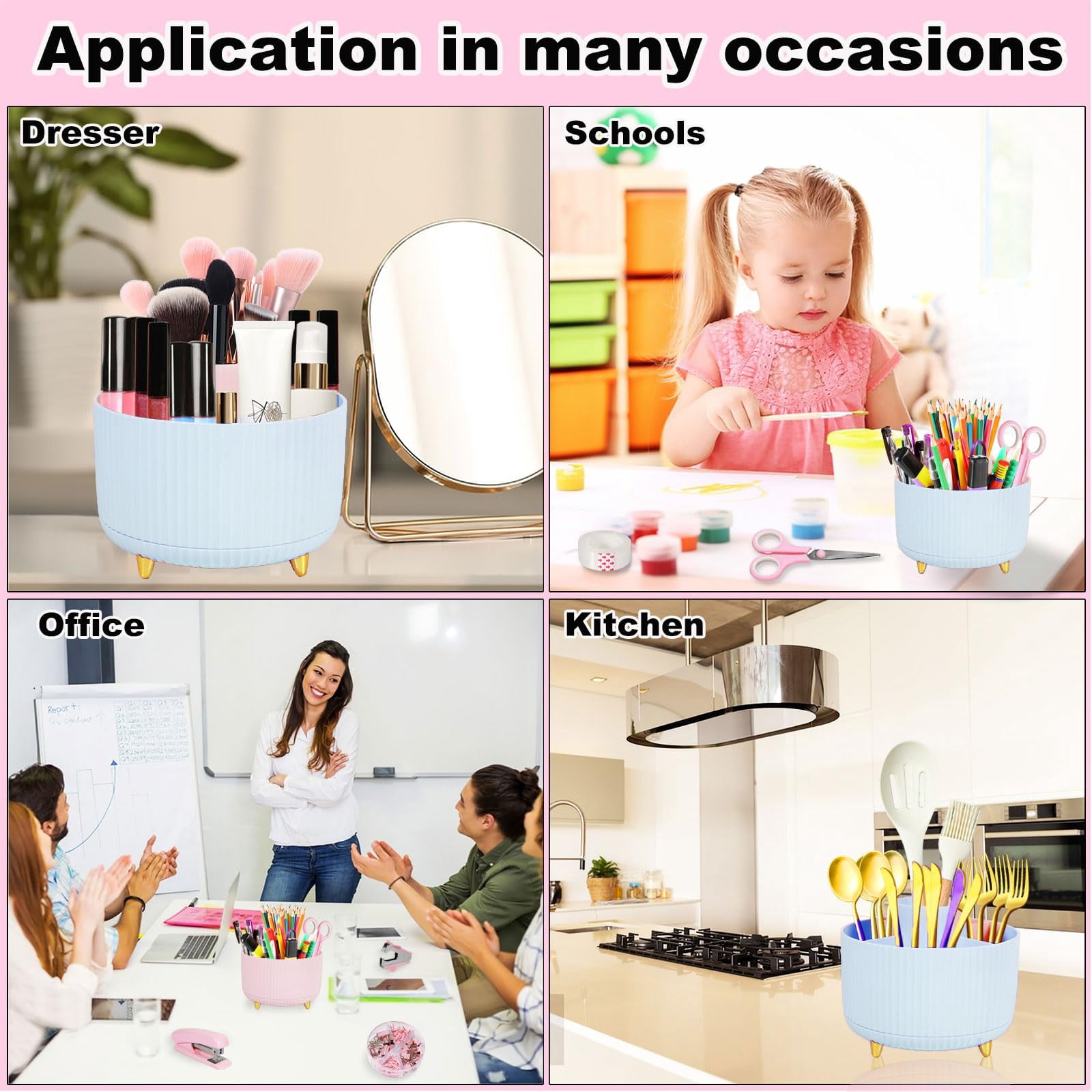 Blue Desk Organizers And Accessories Set With 360-degree Rotating Pen Holder  Tape Dispenser Stapler Staple Remover 1000 Staples Clips Ruler Scissor