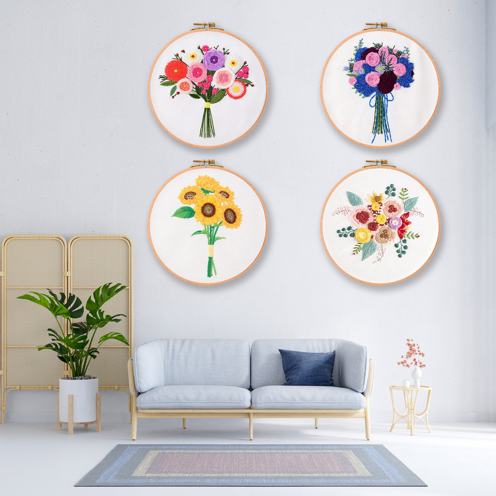 Blingpainting Embroidery Kit for Beginners with Flower Pattern, Cross Stitch kit,4pcs Embroidery Starter Kits Including Embroidery Hoop,Cloth and Color Threads