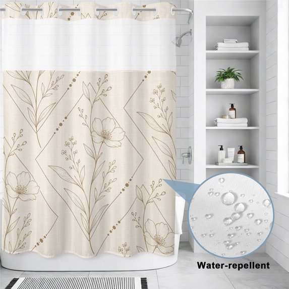 No Hook Shower Curtain, Vintage Botanical Shower Curtains for Bathroom with See Through Top Window, Rustic Simple Flowers Geometric Art Beige Waterproof & Washable Bath Curtain Stall 48"x72"