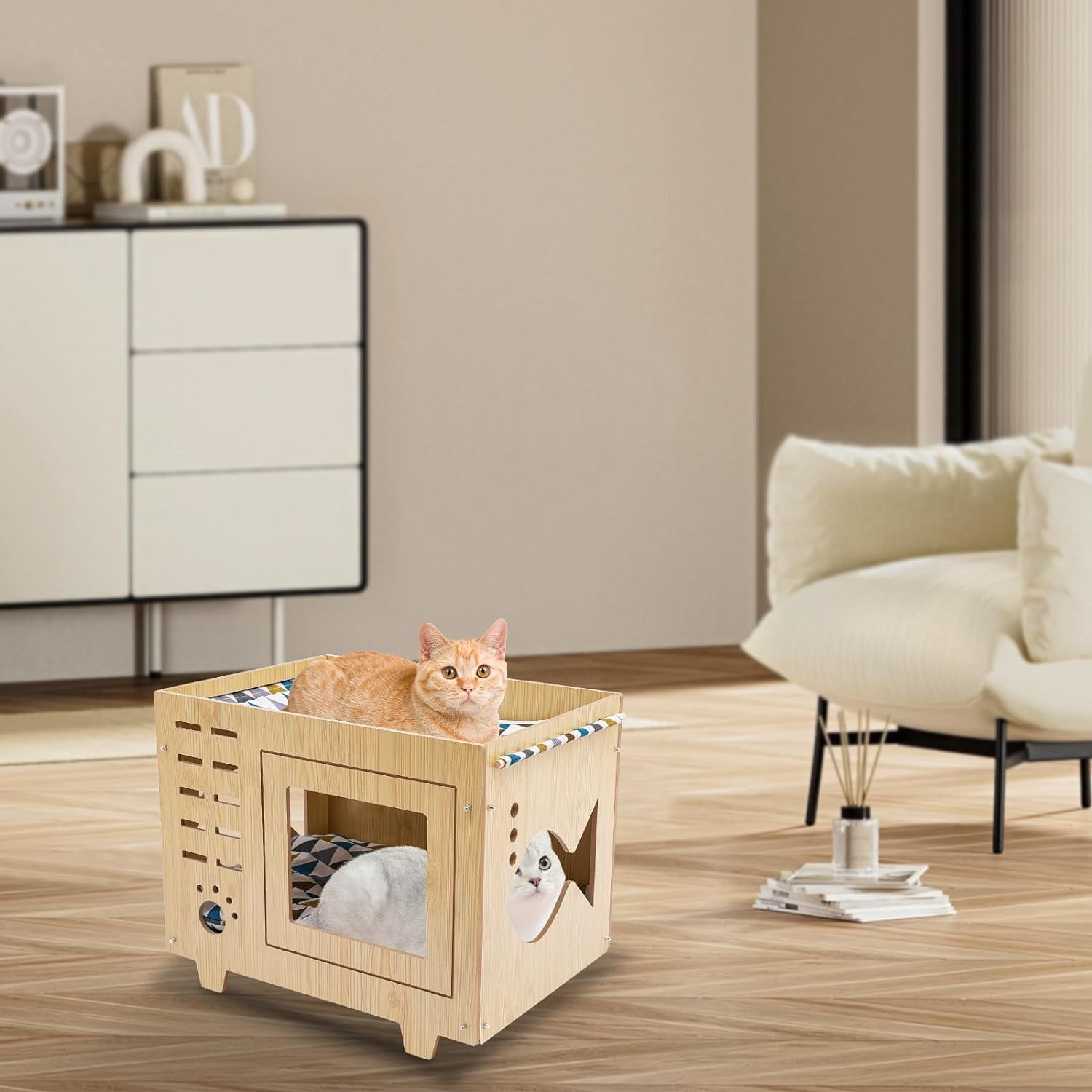 Pet Daily Kit Cat House Hide Out Claw-Sharpener Bed with Hammock Wooden Double Layer