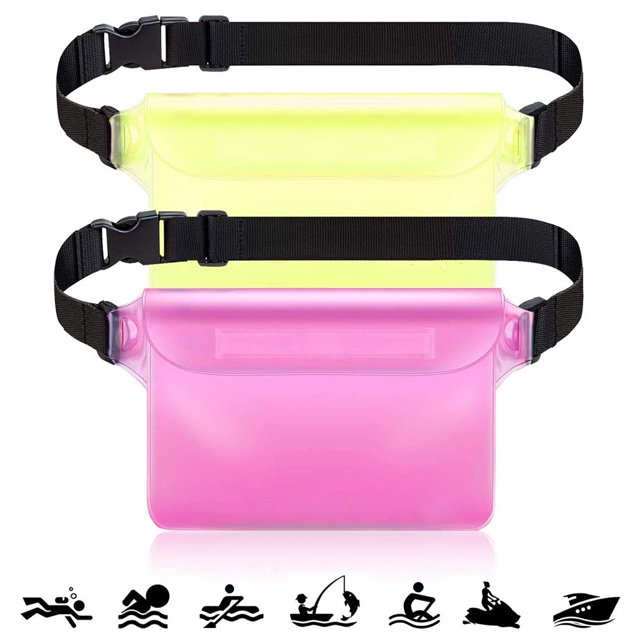 Bolsa impermeable de 2 piezas con correa para la cintura, accesorios de playa para mantener su teléfono y objetos de valor seguros y secos, perfecto para paseos en bote, snorkel, kayak, playa, piscina, parque acuático (amarillo, rosa) Rojo Verde