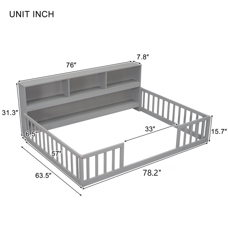 Mirightone Full Size Floor Bed with Rails, Wood Montessori Floor Bed with Bookcase and Shelves, Full Bed Frame, Gray