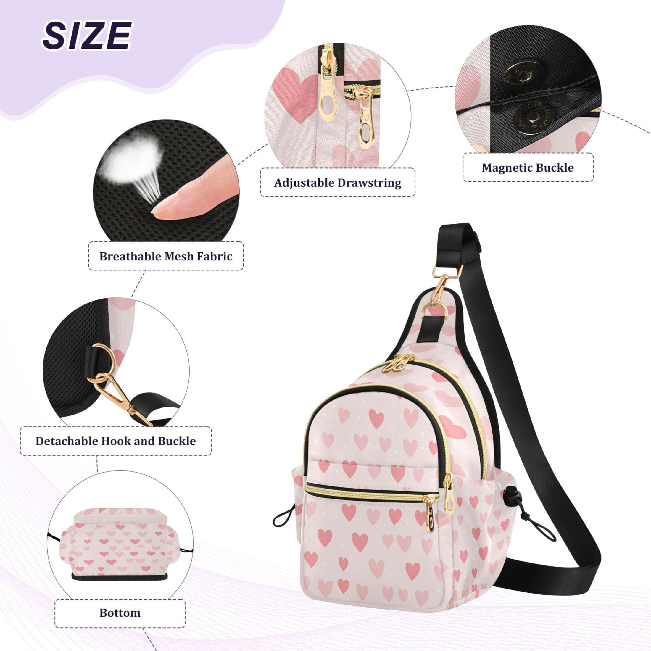 Crossbody Sling Bag for Women Shoulder Purse Trendy Daypack with Adjustable Strap Pink Love Heart
