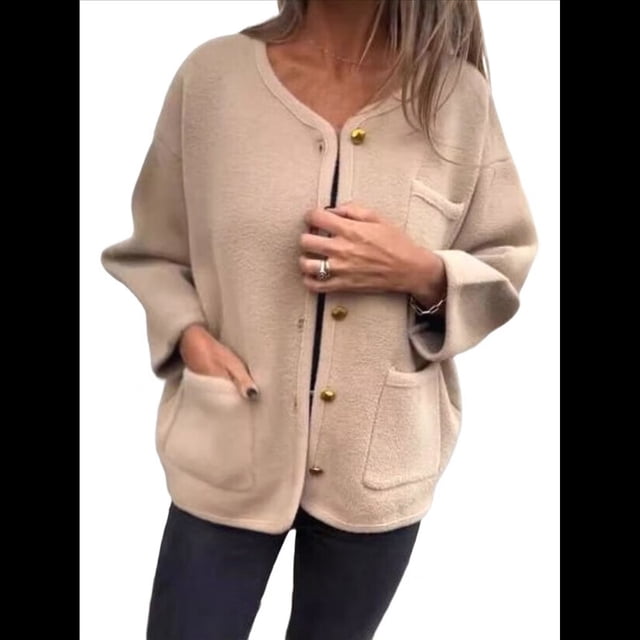 Abrigo de Lana con Botones, Larga, Cuello Redondo y Bolsillos para Mujer, Informal, de Otoño e Invierno. Caqui M