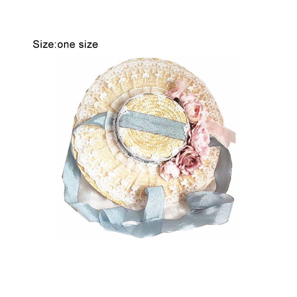 Sweet Tea Party Bonnet Lolita Flower Ribbon Sunshade Straw Hat Lace Sun Hat Vintage Flowers Flat Hat Pastoral Style Straw Hats
