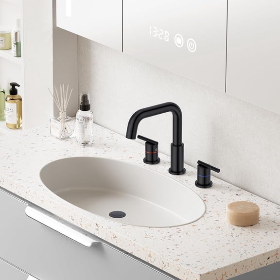 Black Bathroom Faucet 3 Hole, Widespread 8-Inch Bathroom Sink Vanity Utility Sink Faucet for with Full-Metal Pop-Up Drain and Supply Lines, Matte Black