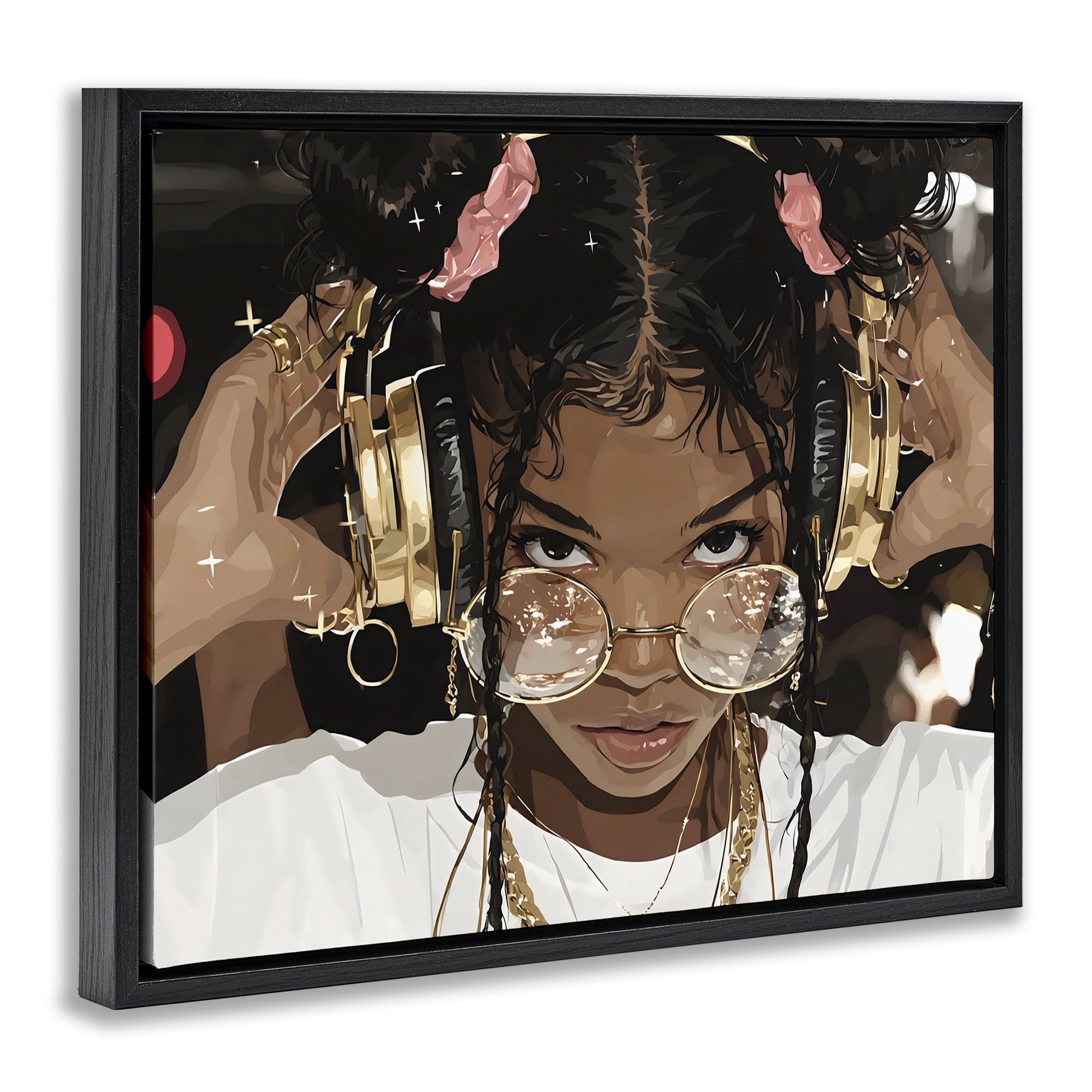 Stupell Industries Trendy Girl with Gold Headphones Black Framed Floater Canvas Wall Art, design by Franklyn Gregory
