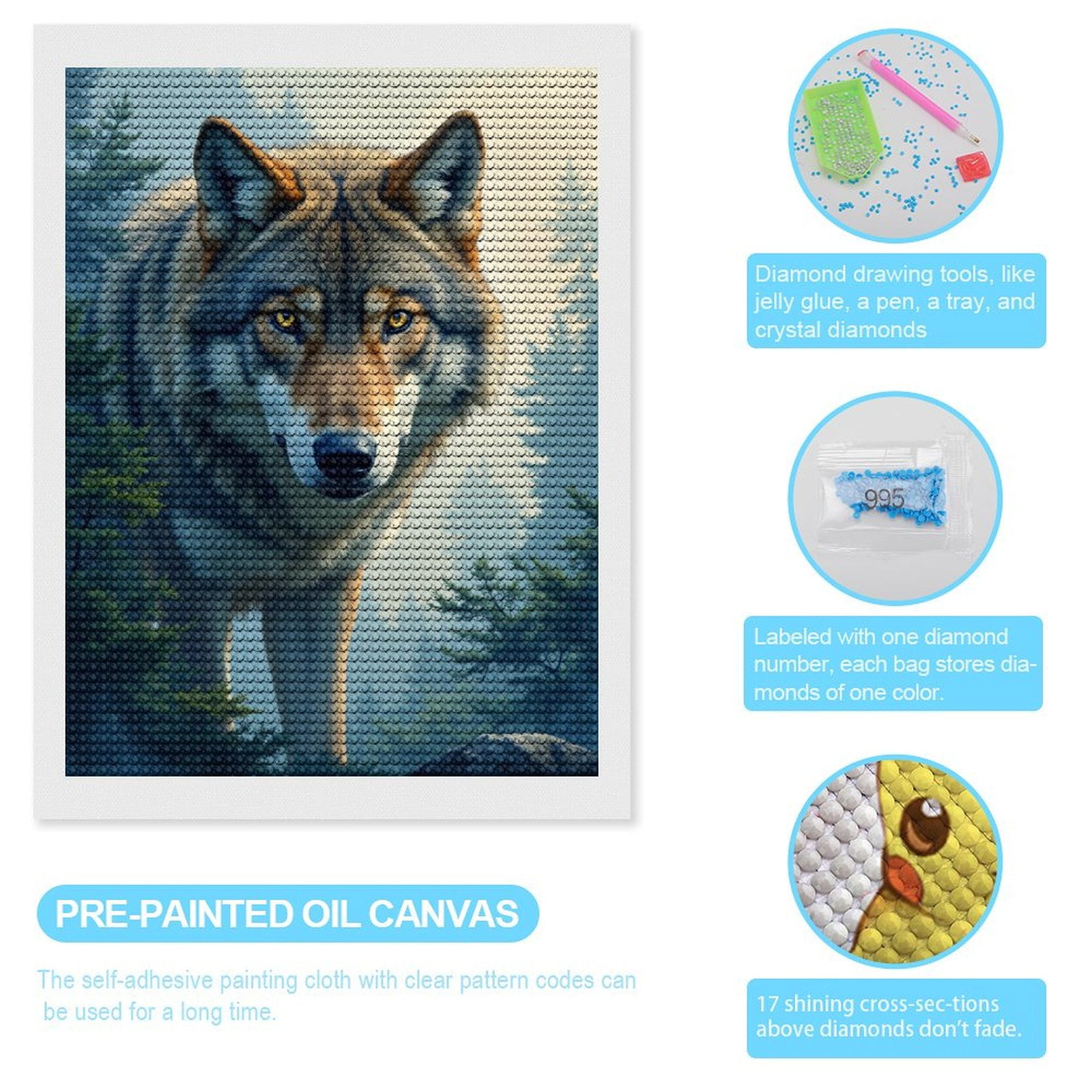 Diamond Art Kits for Adults, Wolf In Forest Morning Light 5D Diamond Painting Kits for Adults Beginners, DIY Full Drill Diamond Painting, Gem Art and Crafts 12x16