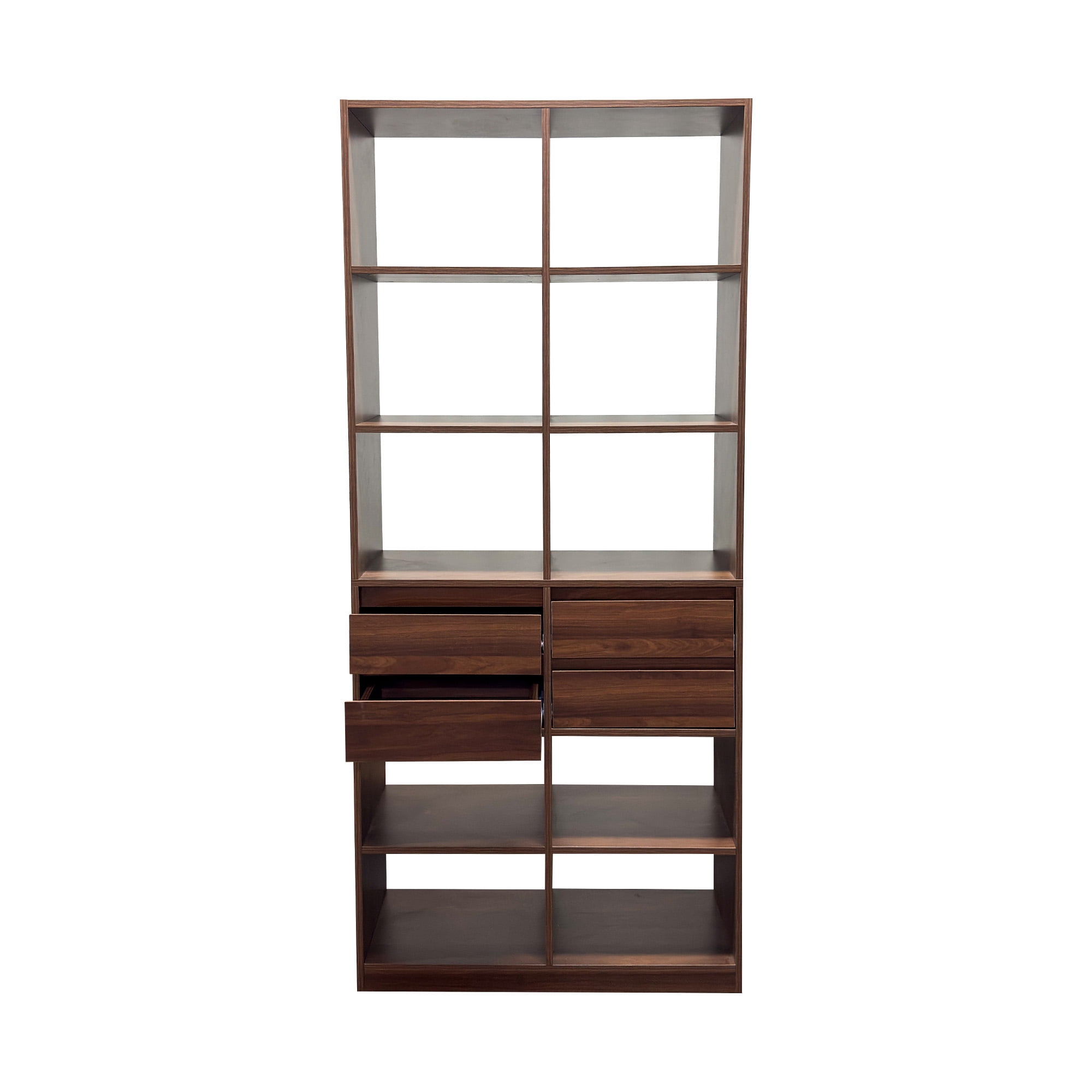 Mintazer Tall Bookcase with 10 Open Cubbies, Freestanding Bookshelf with 4 Storage Drawers, Multi‑Purpose Display Cabinet for Living Room Bedroom Home Office, Walnut Brown