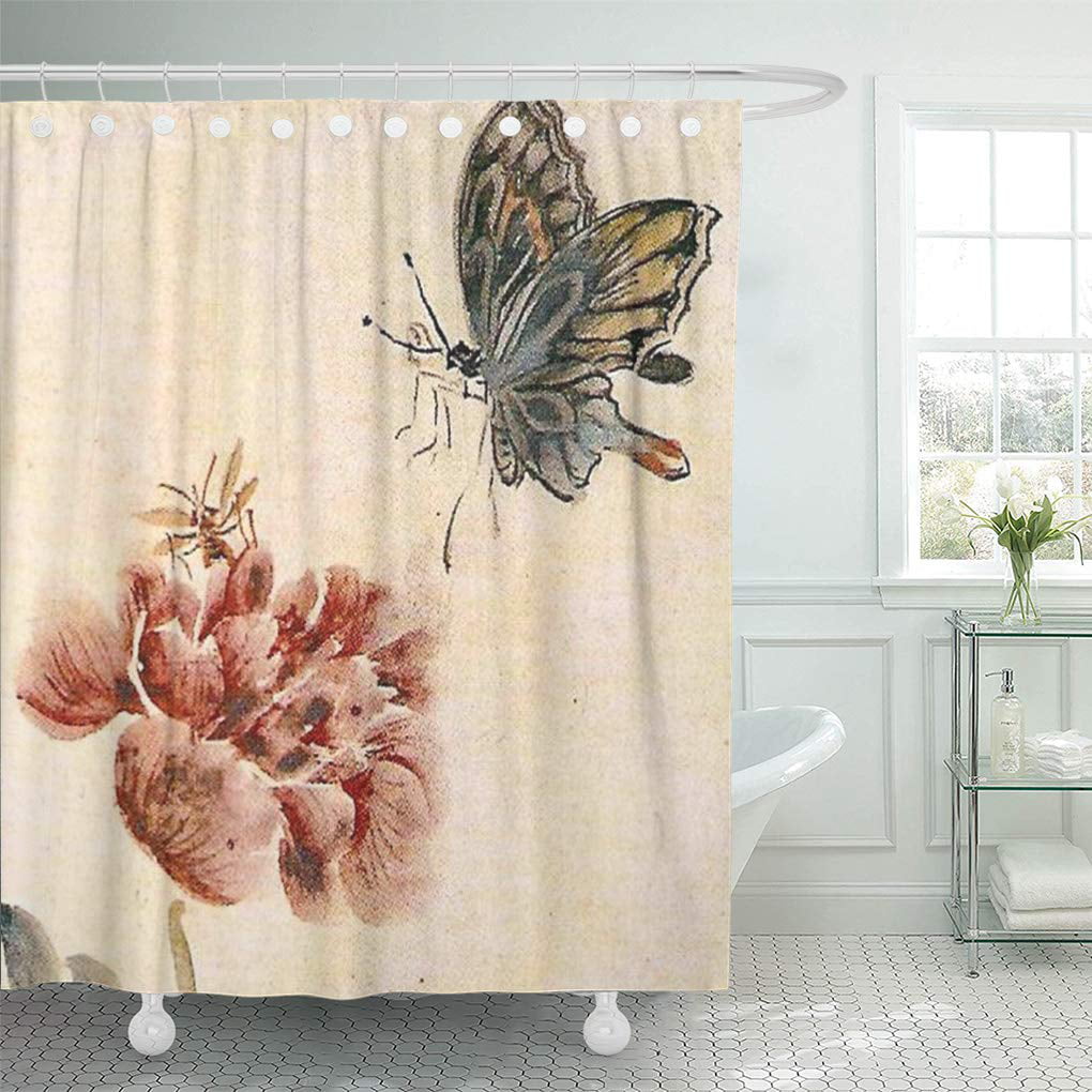 Vintage Floral Shower Curtain with Butterflies Flowers and Butterfly Bathroom Decor