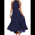 thumbnail image 1 of Vestido Maxi de Verano con Estampado de Lunares para Mujer, Sin Mangas, Cuello Halter, Volantes, Bohemio con Cinturón Azul S, 1 of 9