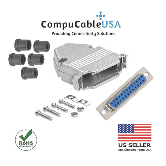 CompuCablePlusUSA.com Best DB25 Female Connector Kit, DB25 D-Sub Female Solder Type+Metal Hood + Strain Relief Grommet, Best Complete DB25 Connector Kit Set