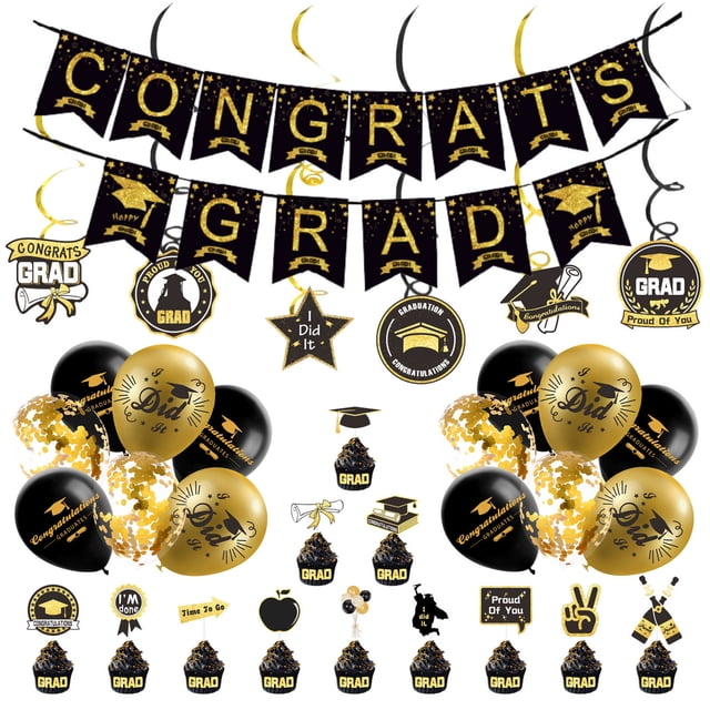 Birthday Party Decorations for Kids Graduation Party Decor Supplies, 33 Piece Include 1 Set Banner, 14 Balloons, 12 Cake Cupcake Toppers,6 Rotating Bar