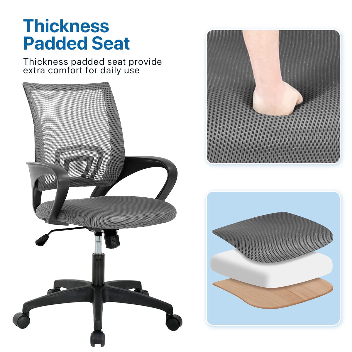 NiamVelo Mesh Office Chair, Mid-Back Home Office Chair Adjustable Ergonomic Desk Chair with Armrest, Rolling Swivel Chair for Adults, Grey