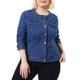 thumbnail image 1 of GRACE & GRANDEUR Juniors Plus Size Outfits Jean Long Sleeves Collarless Denim Jacket, 1 of 6