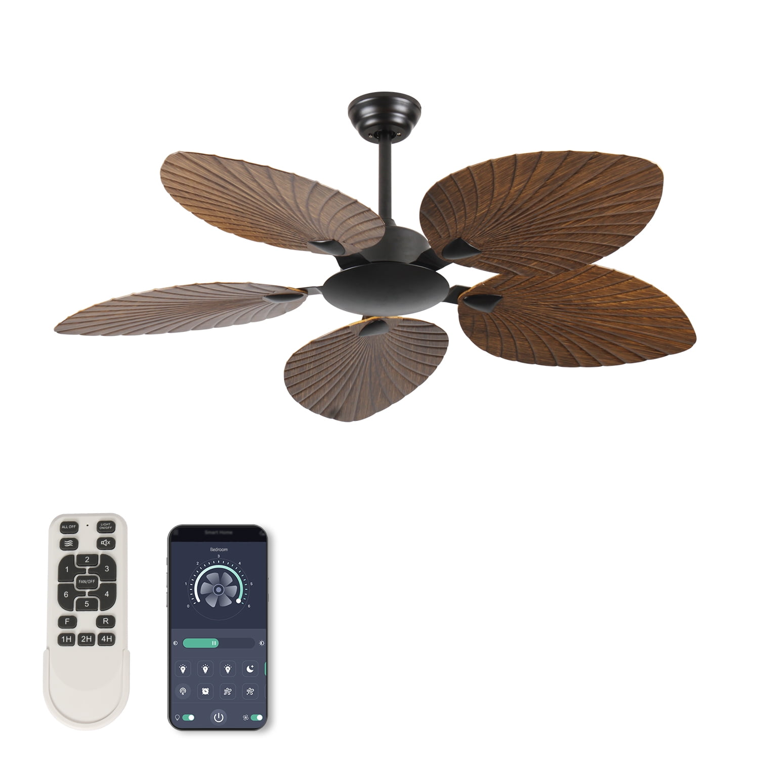 52 In Indoor/Outdoor Brown Retro Tropical 5-Palm Leaf Ceiling Fan, No Light, 6-Speed with Forward/Reverse
