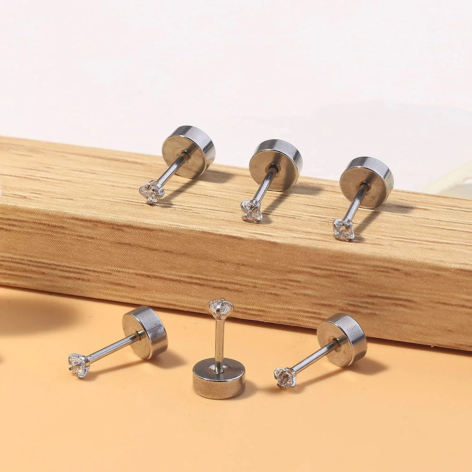 Xukmct 18 Pairs Studs Earrings 2mm Round Cubic Zirconia Earring Flatback 316L Stainless Steel Studs Earrings for Women Men, Silver