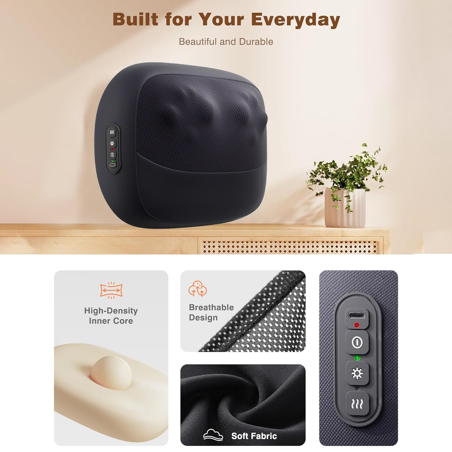 Cordless Shiatsu Back Massager - 3D Kneading Pillow with Double-Sided Heat, Neck/Shoulder/Waist/Leg Use