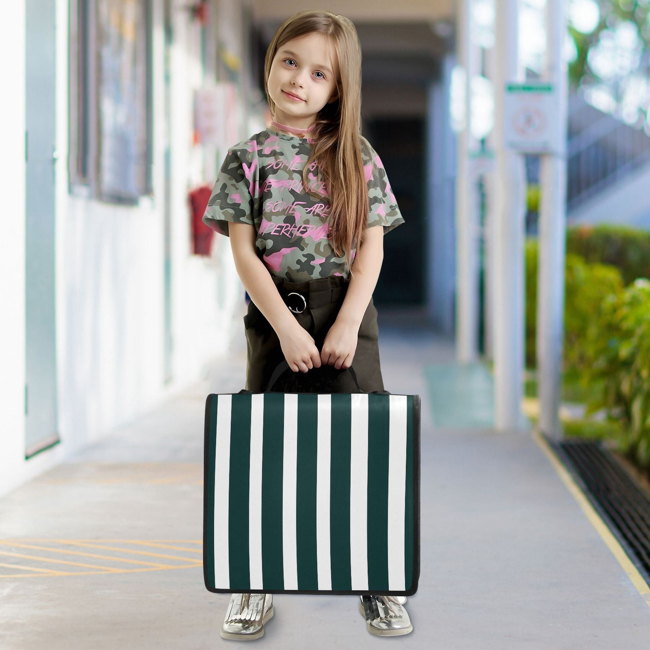 3 Ring Zipper Binder with Shoulder Strap Waterproof Trapper Keeper 2 Inch D-Ring 500 Sheets Capacity Dark Green and White Striped