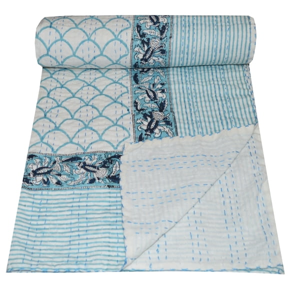 Indian Hand Block Print Kantha Quilt Queen Size – 100% Cotton Boho Vintage Gudari Bedspread