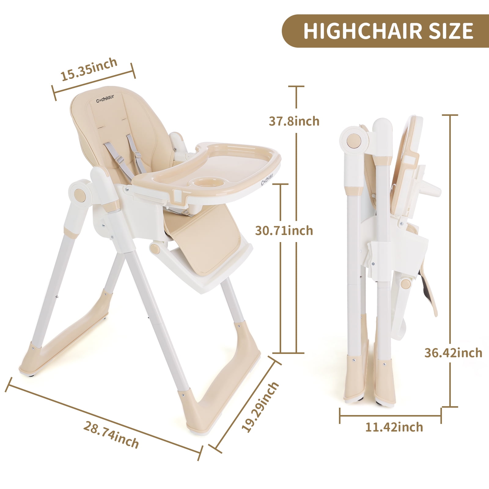 Cochildor Foldaway 3-in-1 High Chair for Babies & Toddlers, with 5 Point Harness, Tray, Foot Rest and Wheels, Beige