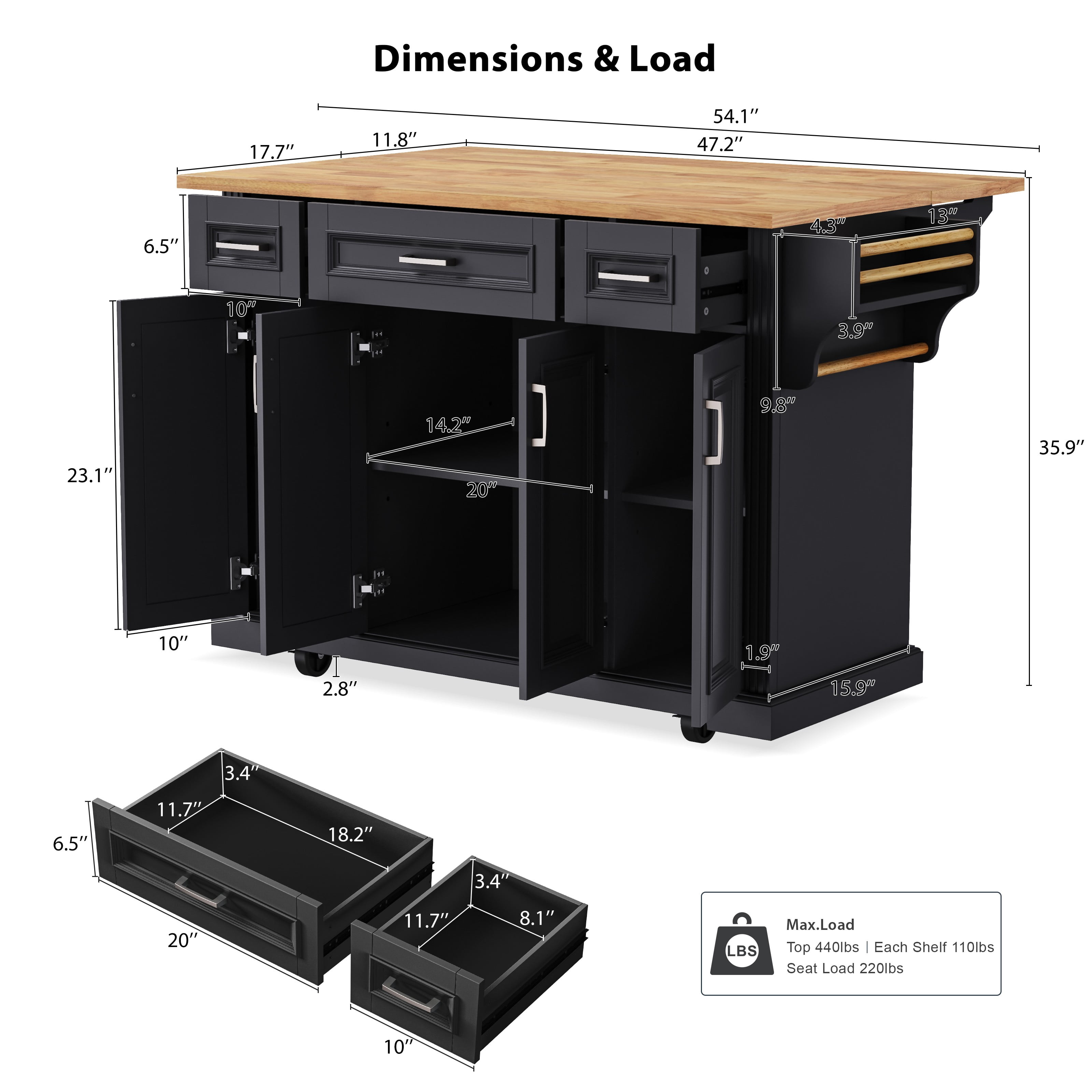 54inch Large Kitchen Island with Rubber Wood Drop Leaf, Embossed Texture Rolling Kitchen Cart on 4 Wheels with 4 Doors and 3 Drawers, Kitchen Island with Storage for Kitchen, Dining Room,Black