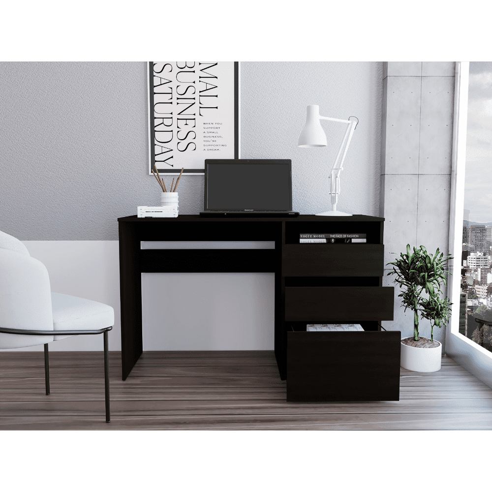 Office Desk Kenai 3 Drawers Computer Desk, One Shelf, Black,Work Surface