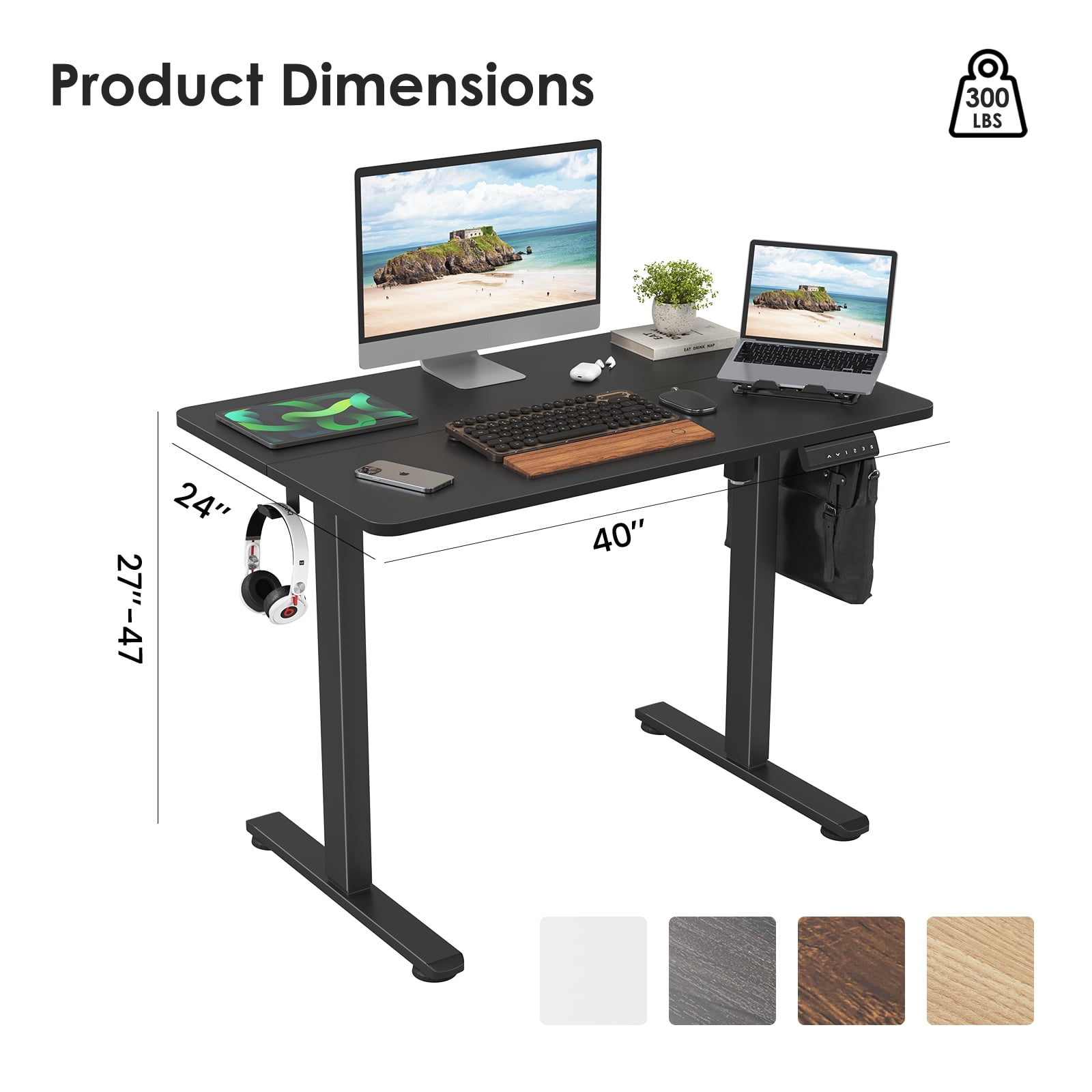 Farini Adjustable Standing Desk for Home Office, 40"x24" Electric Sit-Stand Desk with Splice Board, Black