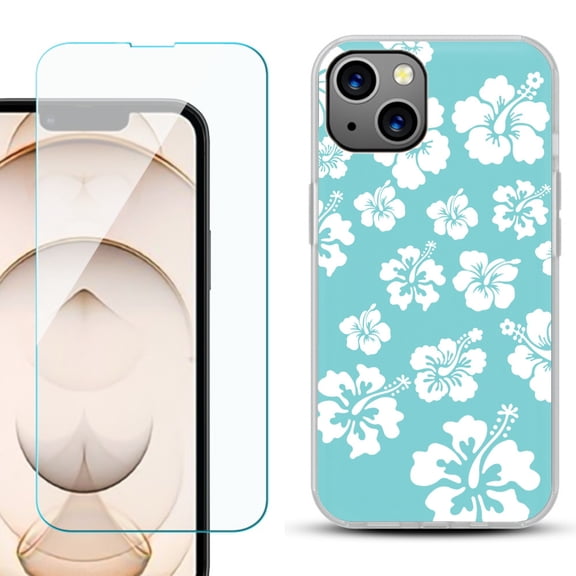 Slim-Fit Flexible TPU Gel Phone Case for iPhone 13, with Tempered Glass Screen Protector, by OneToughShield ® - Hibiscus Teal