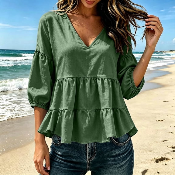 Warop Women's V Neck Tiered Ruffle Puff Sleeve 3/4 Sleeve Loose Blouse Top Casual Chic for Daily Wear Outing