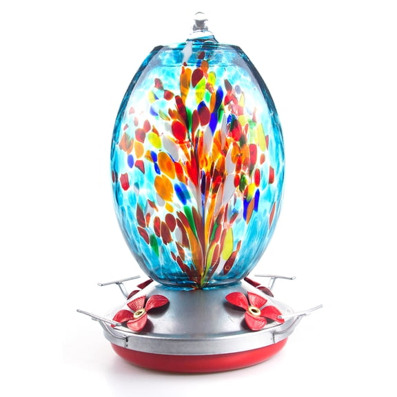 Muse Garden Hummingbird Feeder for Outdoors, Hand Blown Glass, 25 Ounces, Containing Ant Moat, Fireworks