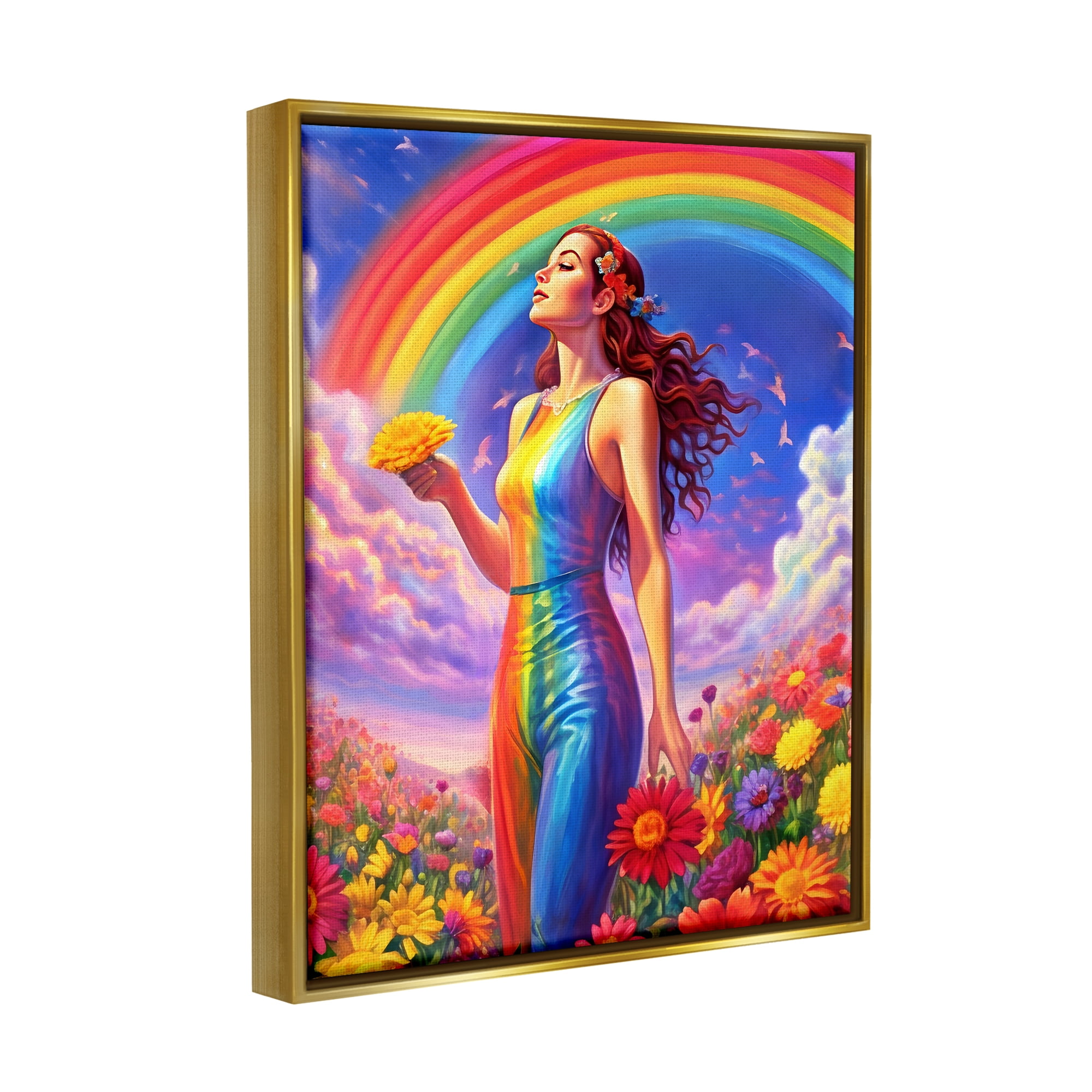 Stupell Industries Girl in Rainbow Meadow Botanical & Floral Painting Gold Floater Framed Canvas Art Print Wall Art, 25 x 31