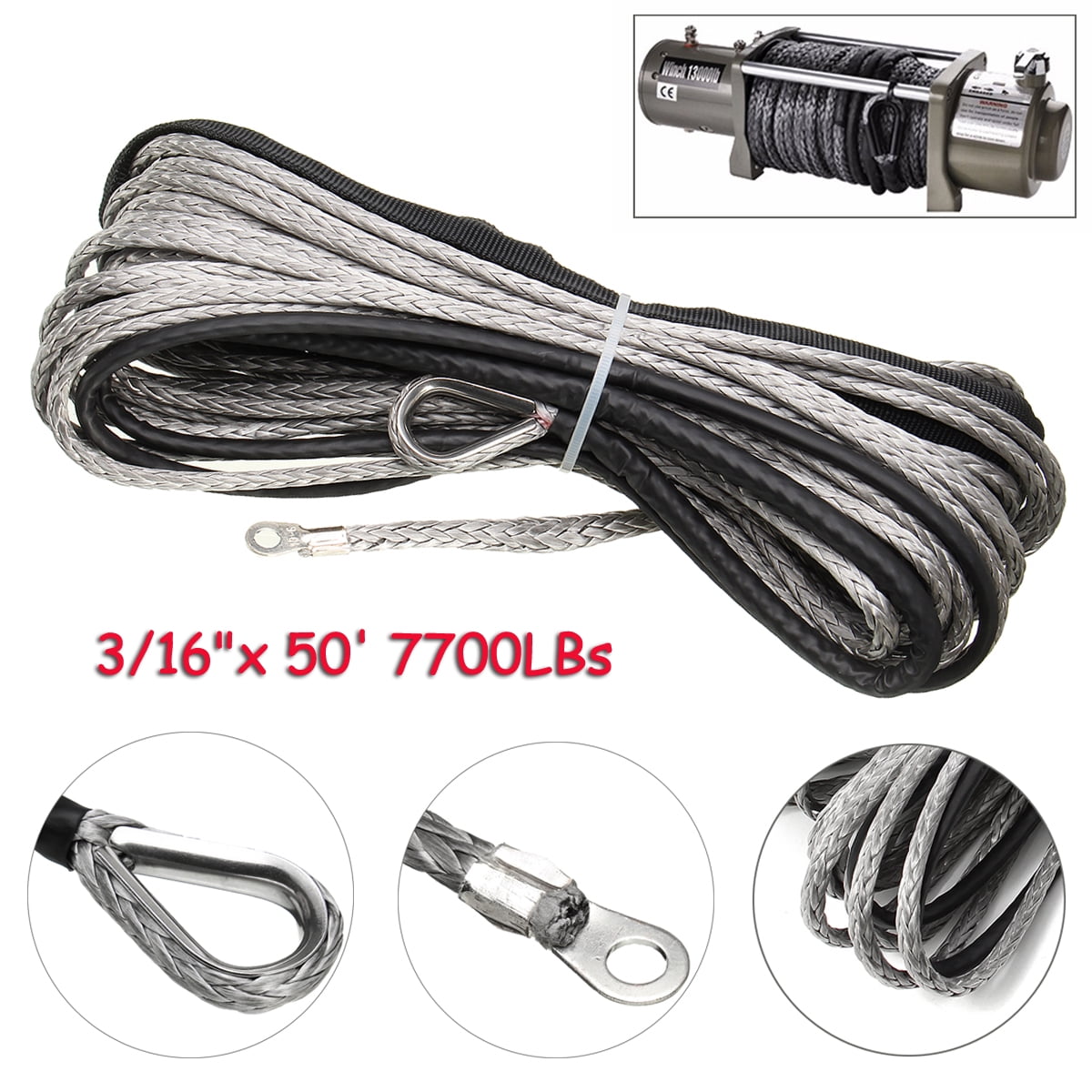 3//16/" x 50/" Synthetic Winch Line Cable Rope 5800 LBS for SUV ATV UTV