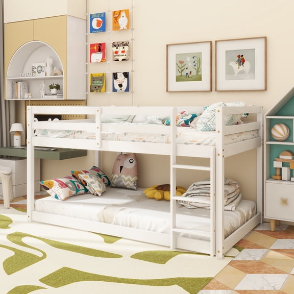 Solid Wooden , Solid Rubber Wooden Twin over Twin Floor Bunk Bed with Ladder ,Upper and Bottom Bed Platforms crafted with Strengthened Slats, White