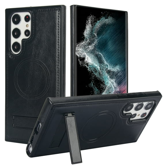 Allytech Case for Samsung Galaxy S22 Ultra, Hidden Kickstand PU Leather [Compatible with MagSafe] Case, [Anti-Drop & Shockproof] Ultra Slim Retro Protective Case for Women Men - Black