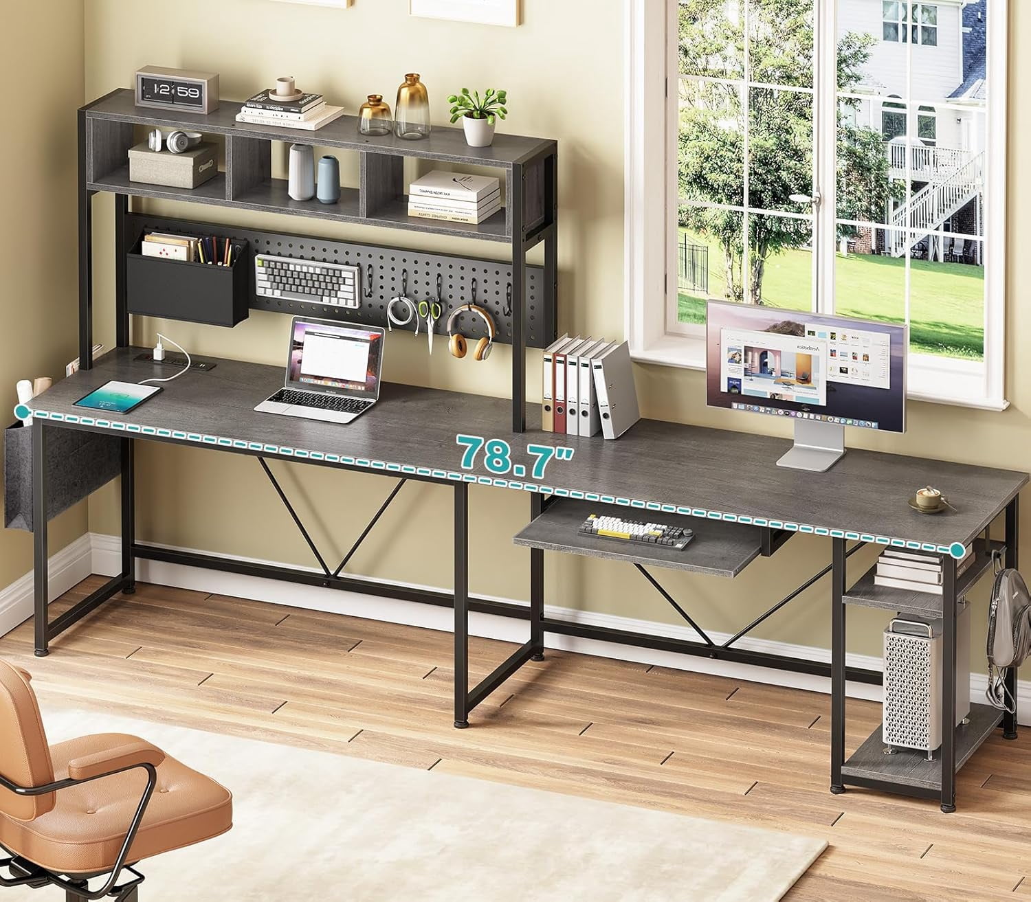 SEDETA L Shaped Gaming Desk with Hutch, 57.5” Reversible Home Office Desk with Power Outlet and Pegboard, Gaming Computer Desk with Keyboard Tray and LED Lights and Storage, Grey